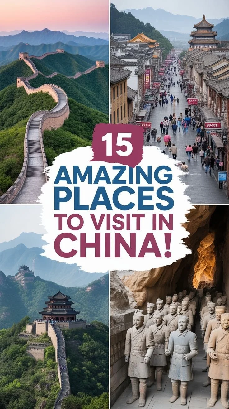 A collage of 15 incredible places in China showcasing landscapes and cultural sites.