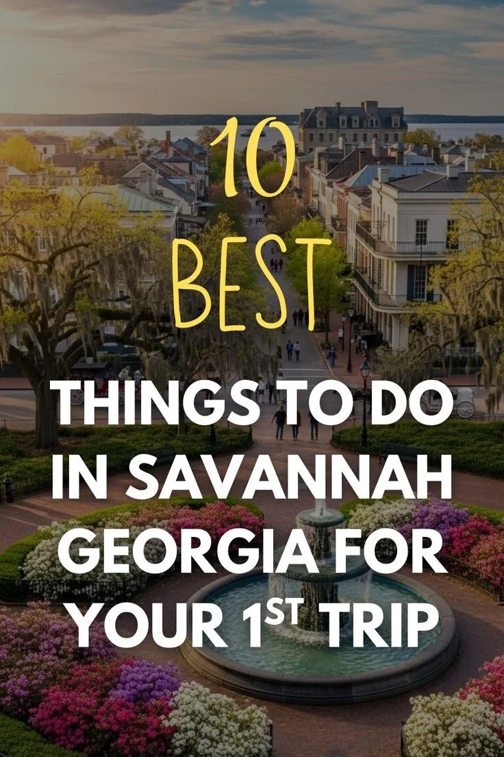Scenic view of historic Savannah, Georgia with beautiful architecture and greenery.