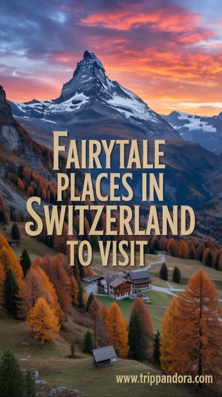 Enchanting Swiss landscape resembling a fairy tale scene with mountains and castles